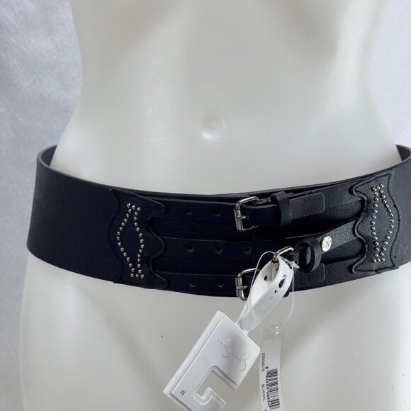 JESSICA SIMPSON Wide Black Faux Leather Belt Triple Buckle Studded Details Women - Picture 1 of 12
